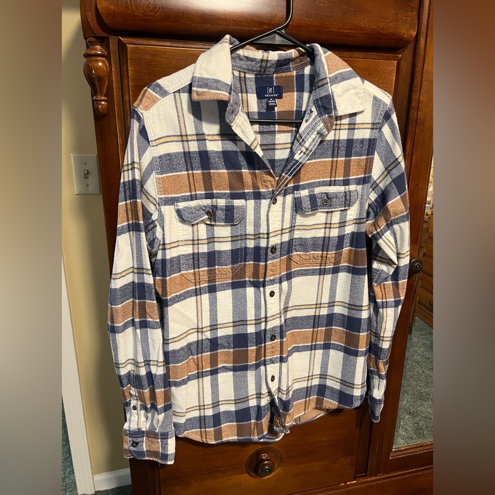 Blue and Brown Plaid Button-Up Shirt
